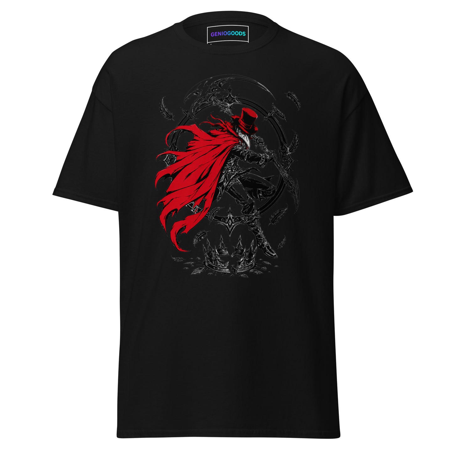 Black Crowsworn Crimson Scythe T-shirt with red-caped warrior, raised scythe, dark feathers and gothic fantasy artwork.