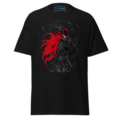 Black Crowsworn Crimson Scythe T-shirt with red-caped warrior, raised scythe, dark feathers and gothic fantasy artwork.