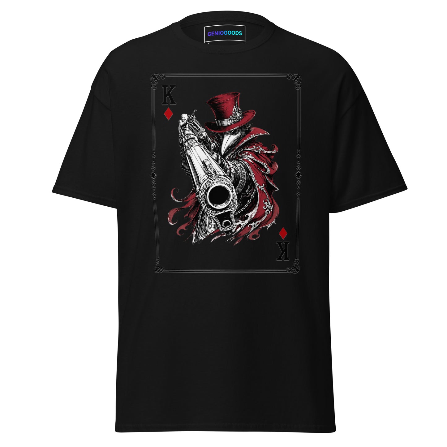 Front view of the Black Crowsworn King of Diamonds T-shirt with crimson gambit card graphic