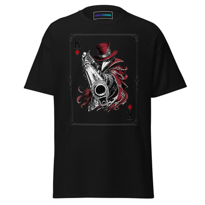 Front view of the Black Crowsworn King of Diamonds T-shirt with crimson gambit card graphic