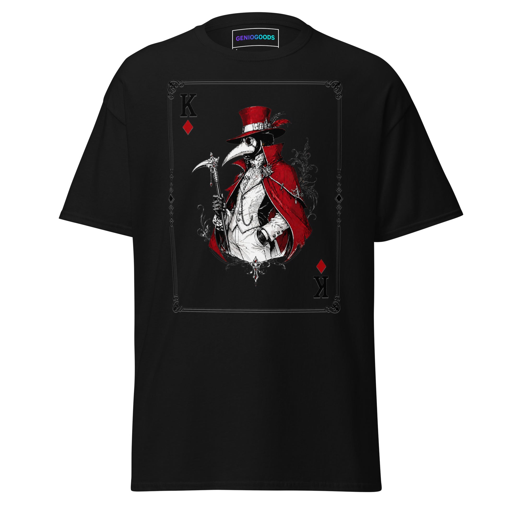 Front view of the Black Crowsworn Masked King T-shirt with crimson card graphic