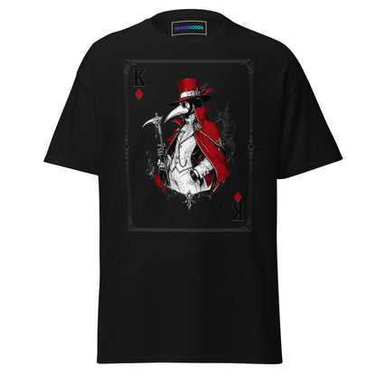 Front view of the Black Crowsworn Masked King T-shirt with crimson card graphic