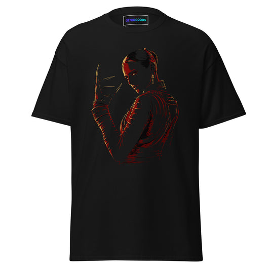 Front view of The Blood of Dawnwalker Lacra-Inspired T-Shirt on Black fabric with crimson Lacra figure and shadowed hand