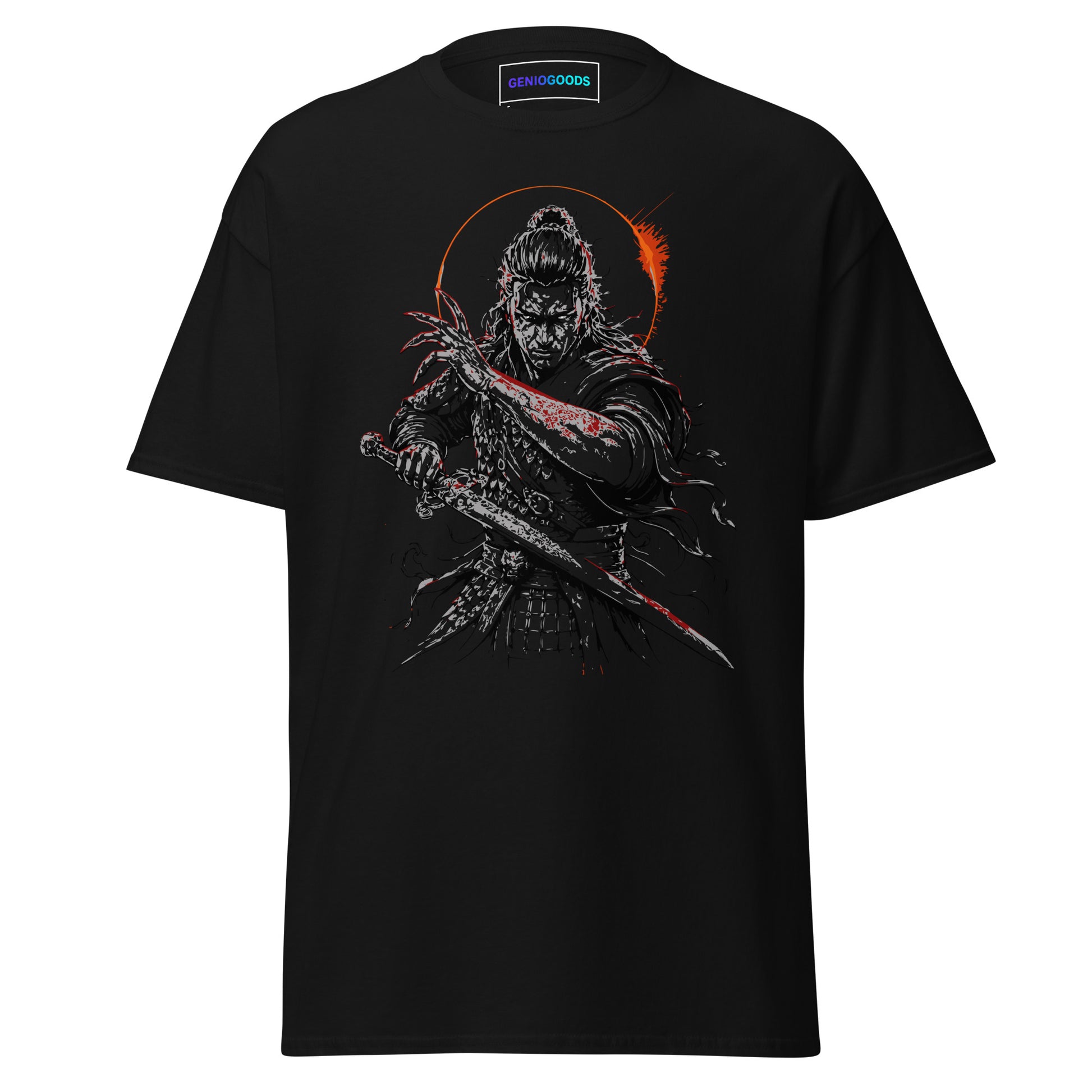 Front view of The Blood of Dawnwalker Coen Sword T-Shirt with Coen blade artwork on a black tee