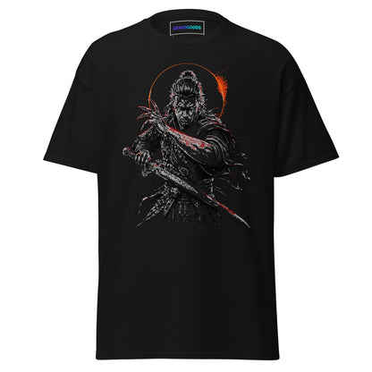 Front view of The Blood of Dawnwalker Coen Sword T-Shirt with Coen blade artwork on a black tee