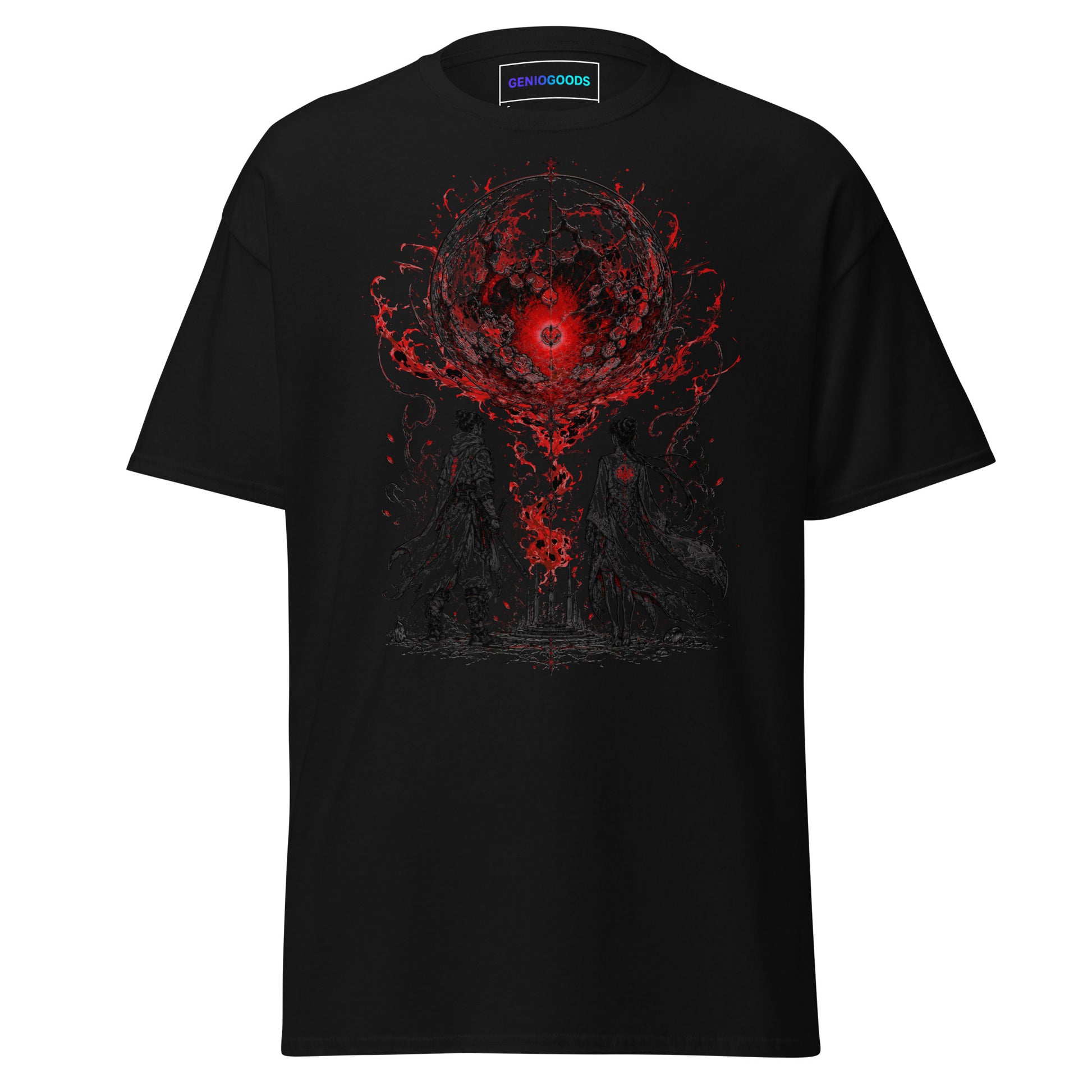 Front view of The Blood of Dawnwalker Crimson Eclipse T-Shirt with crimson eclipse artwork across the front of the tee
