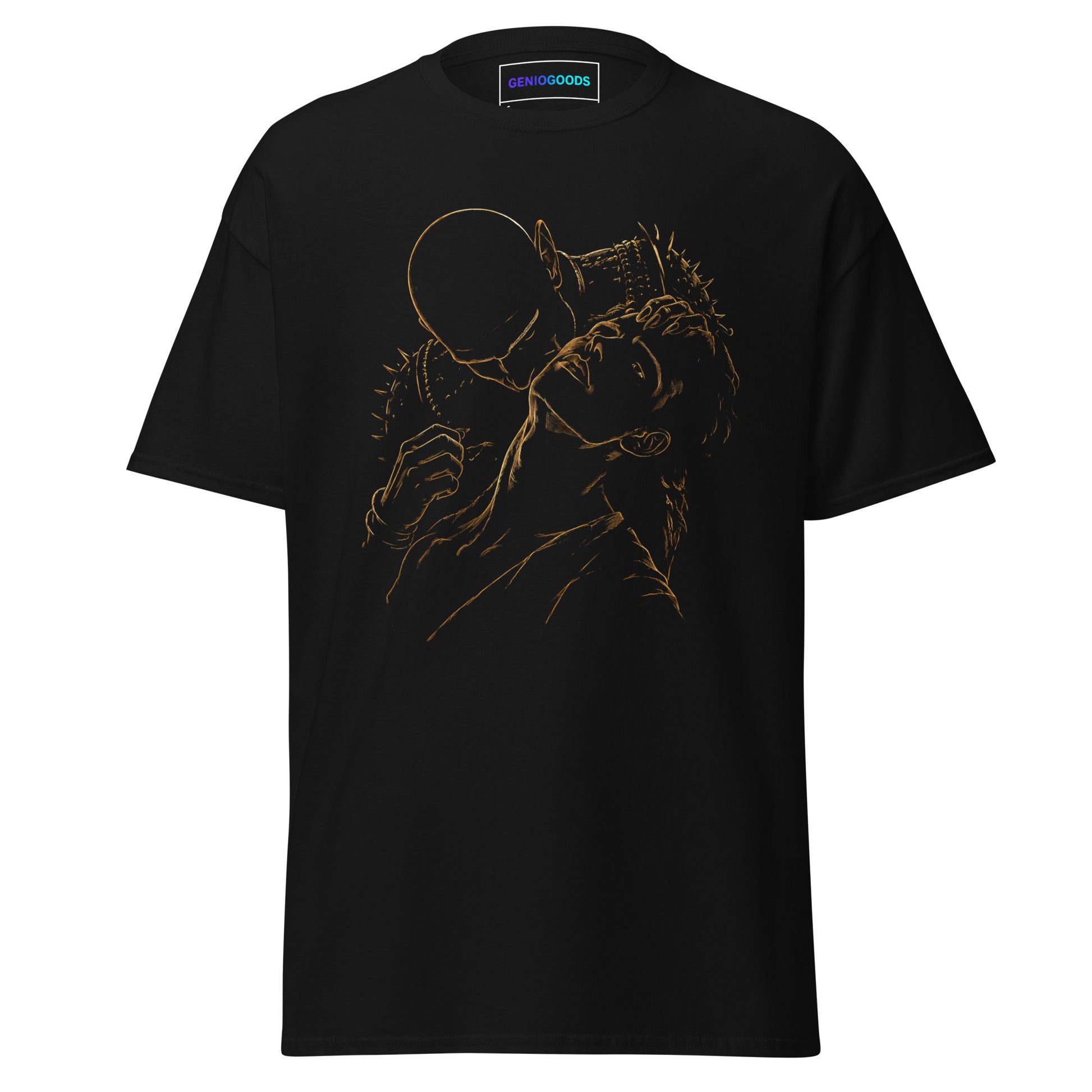 Front view of The Blood of Dawnwalker Sire Embrace T-Shirt with gold line artwork across the chest