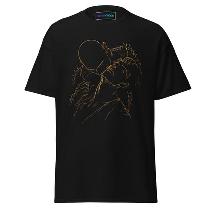Front view of The Blood of Dawnwalker Sire Embrace T-Shirt with gold line artwork across the chest