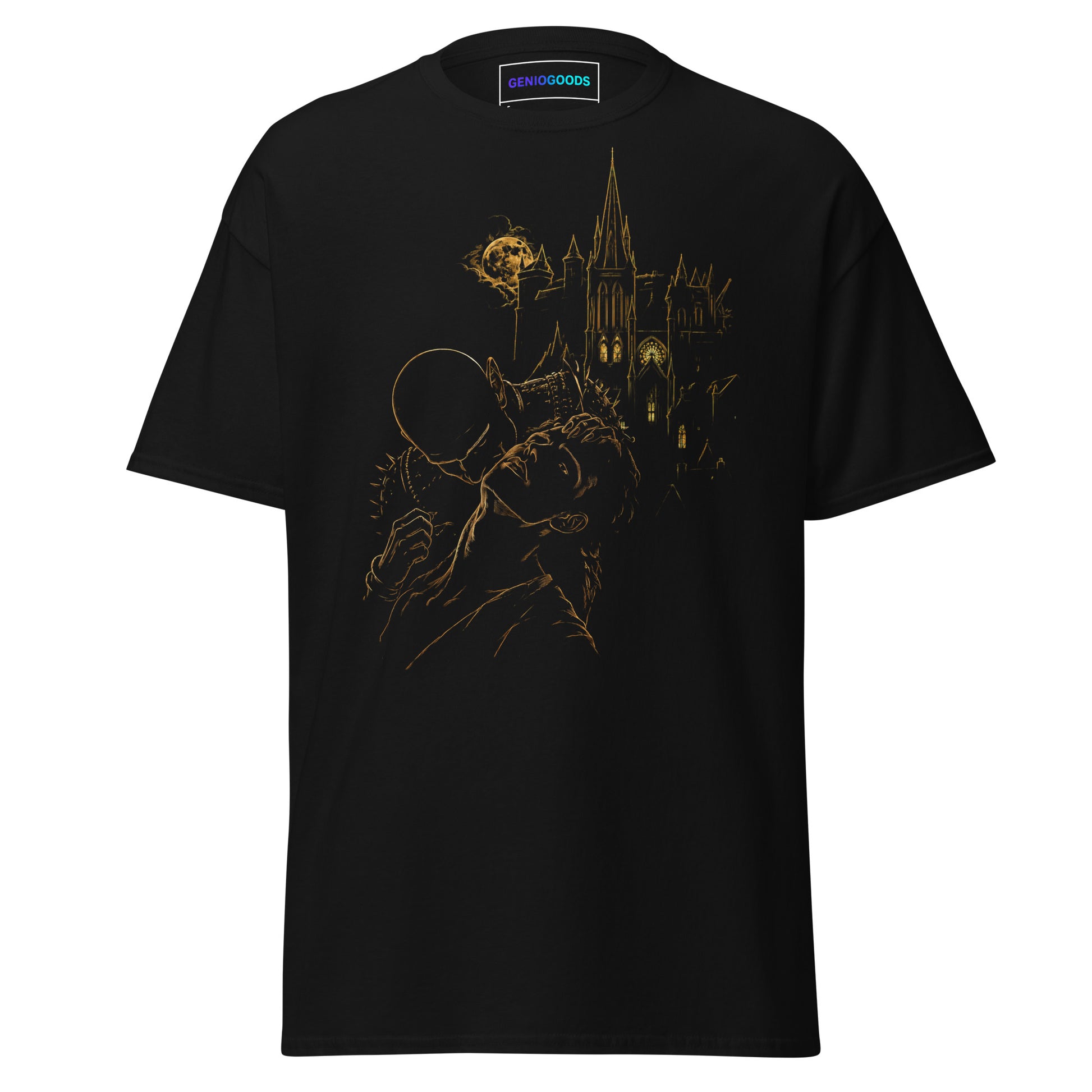 Front view of The Blood of Dawnwalker Sire’s Domain T-Shirt with gold vampire and gothic castle artwork on a black tee