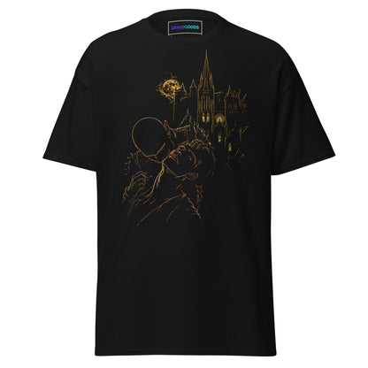 Front view of The Blood of Dawnwalker Sire’s Domain T-Shirt with gold vampire and gothic castle artwork on a black tee