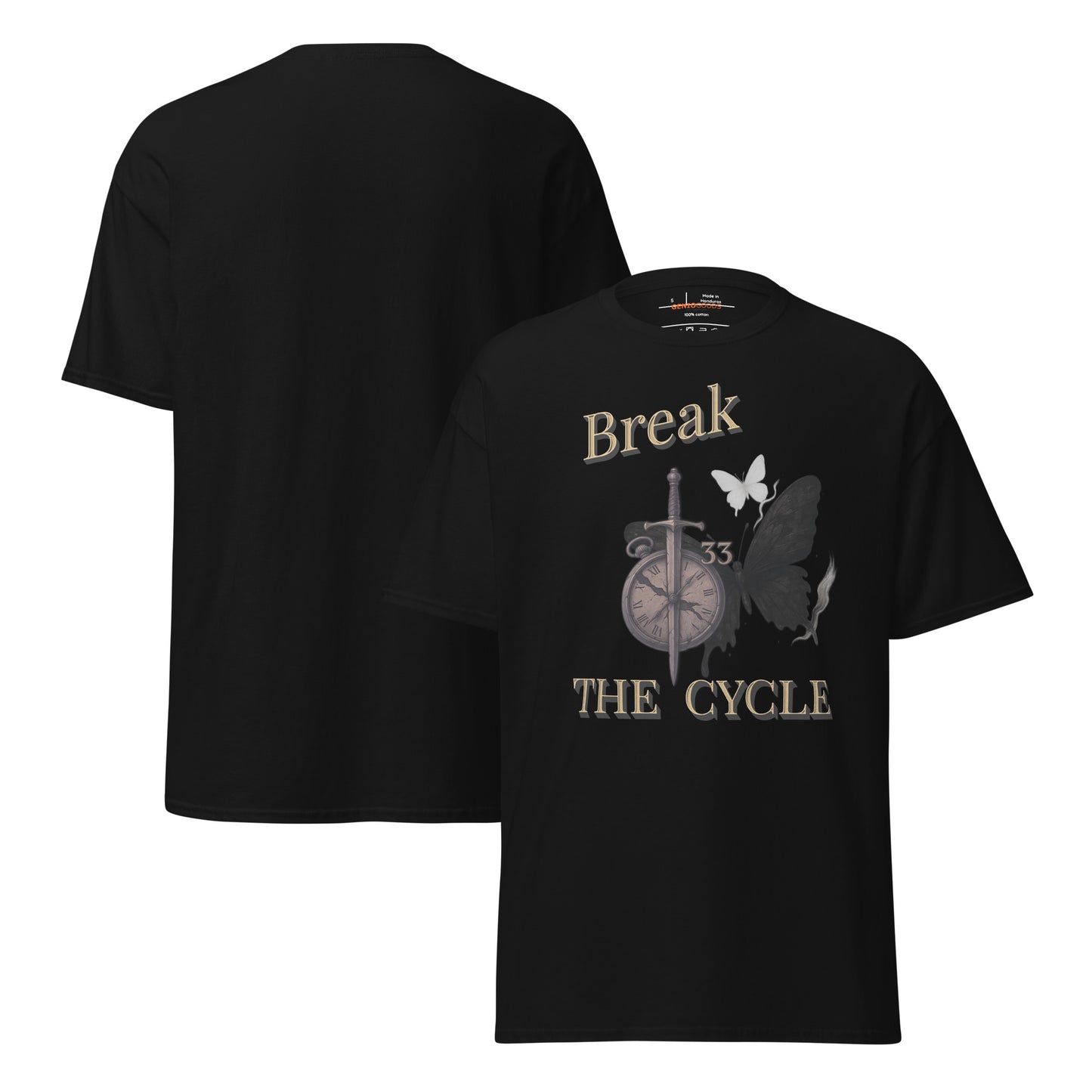 Front and back view of black Expedition 33 Break the Cycle graphic t-shirt inspired by Clair Obscur Expedition 33.