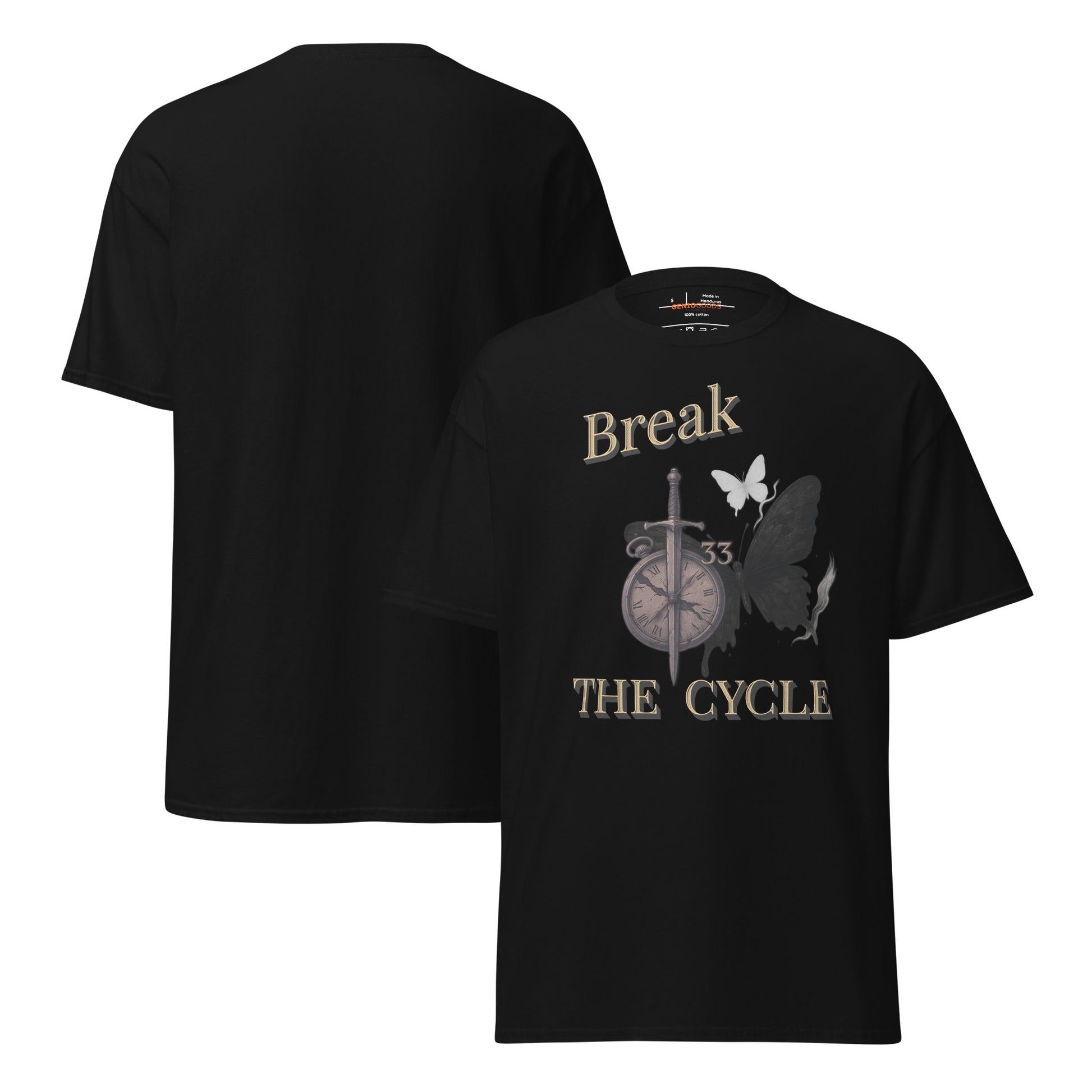 Front and back view of black Expedition 33 Break the Cycle graphic t-shirt inspired by Clair Obscur Expedition 33.