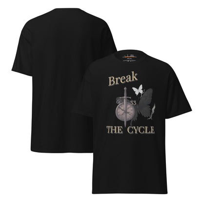 Front and back view of black Expedition 33 Break the Cycle graphic t-shirt inspired by Clair Obscur Expedition 33.