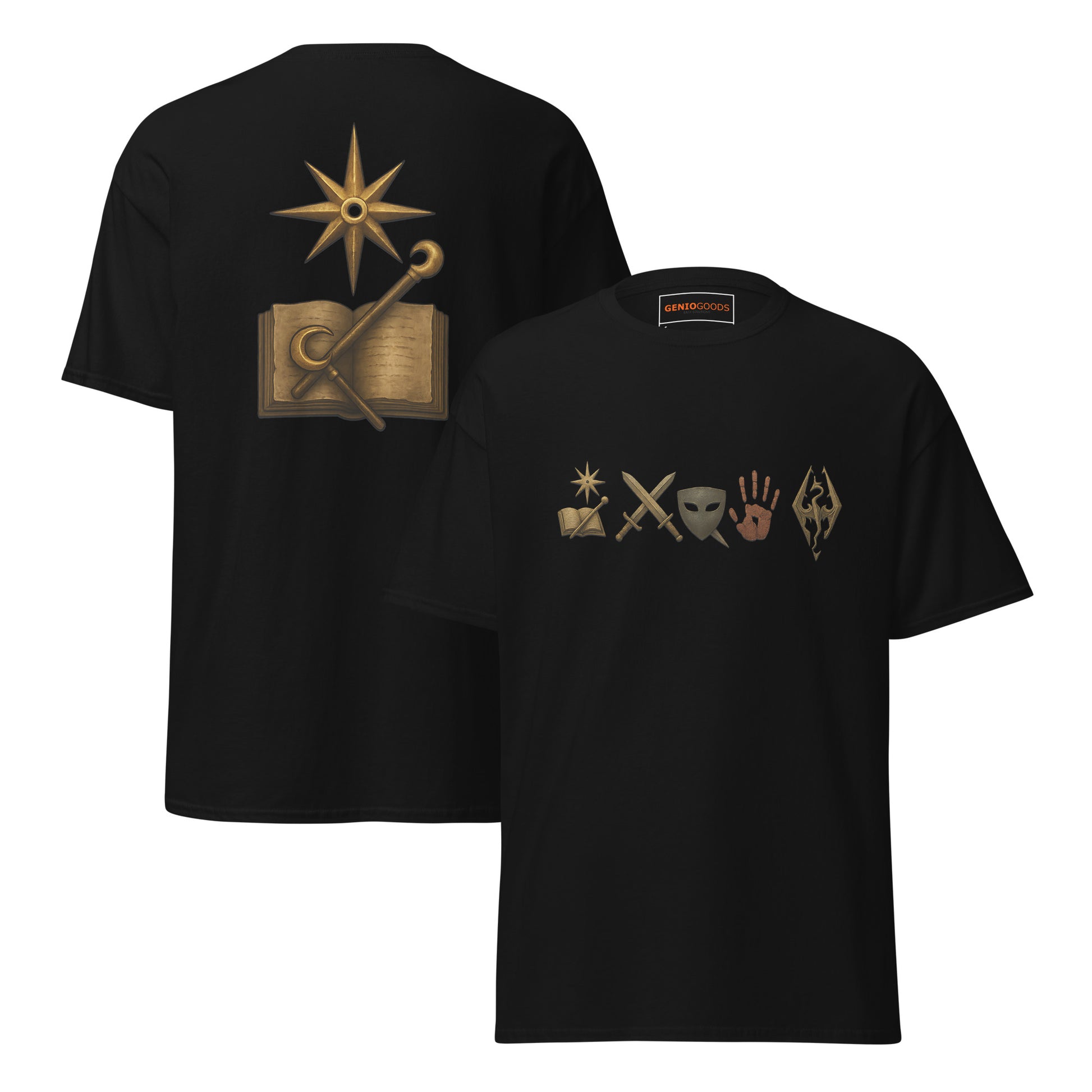 Front and back view of the Black Oblivion Mages Guild Shirt – Arcane Emblem Design with chest symbols and large back graphic