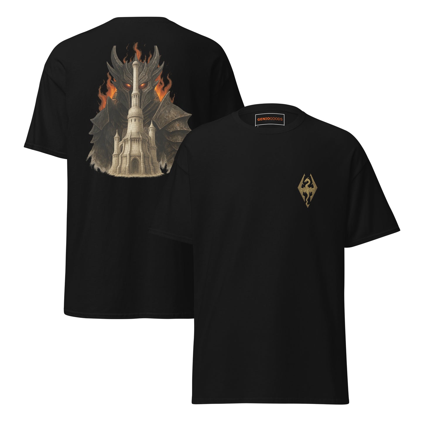 Front and back view of the Black Oblivion Imperial City Shirt – White Gold Tower Design with chest sigil and large White Gold Tower back graphic