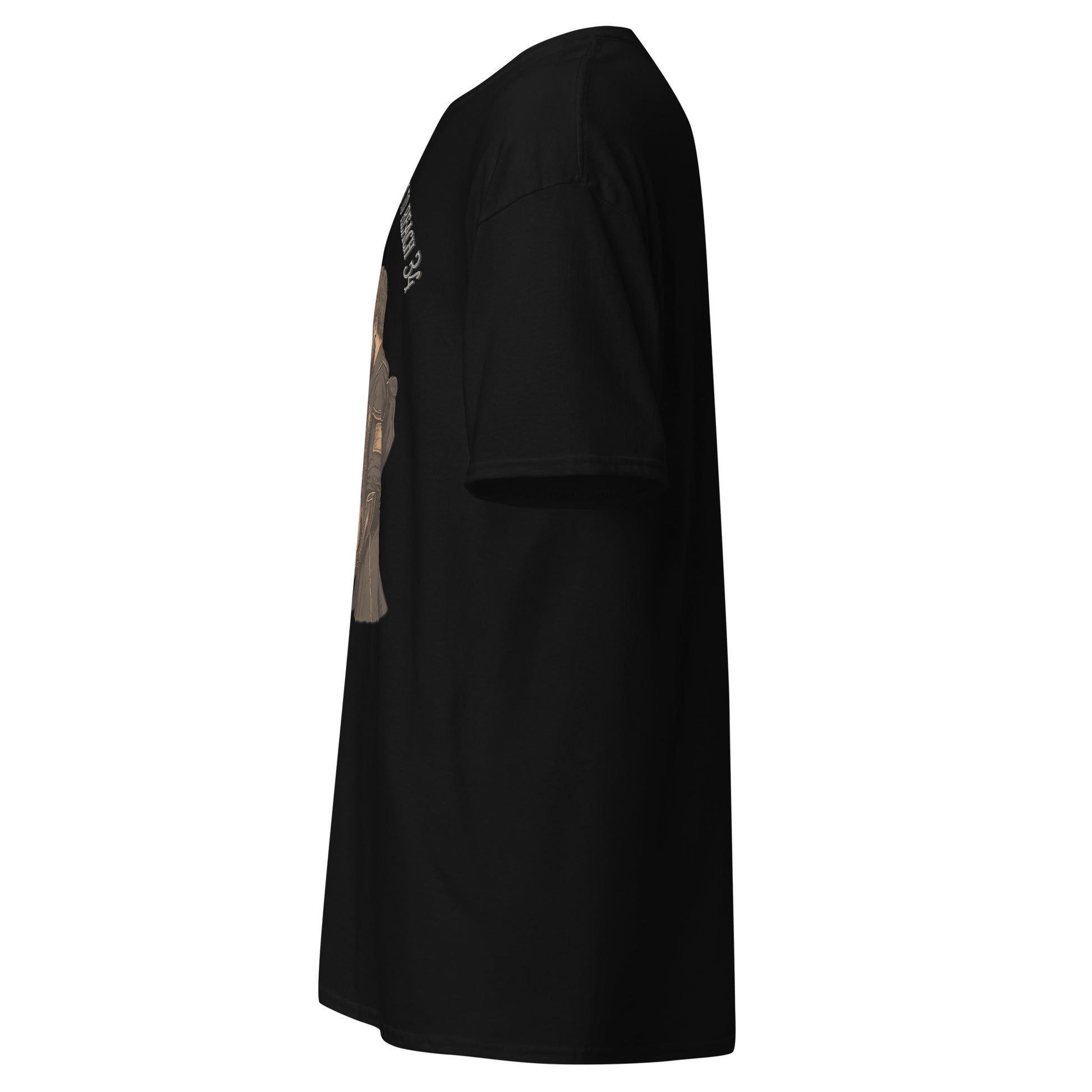 Side view of black Expedition 33 We Were Never Meant to Reach 34 graphic t-shirt inspired by Clair Obscur Expedition 33.