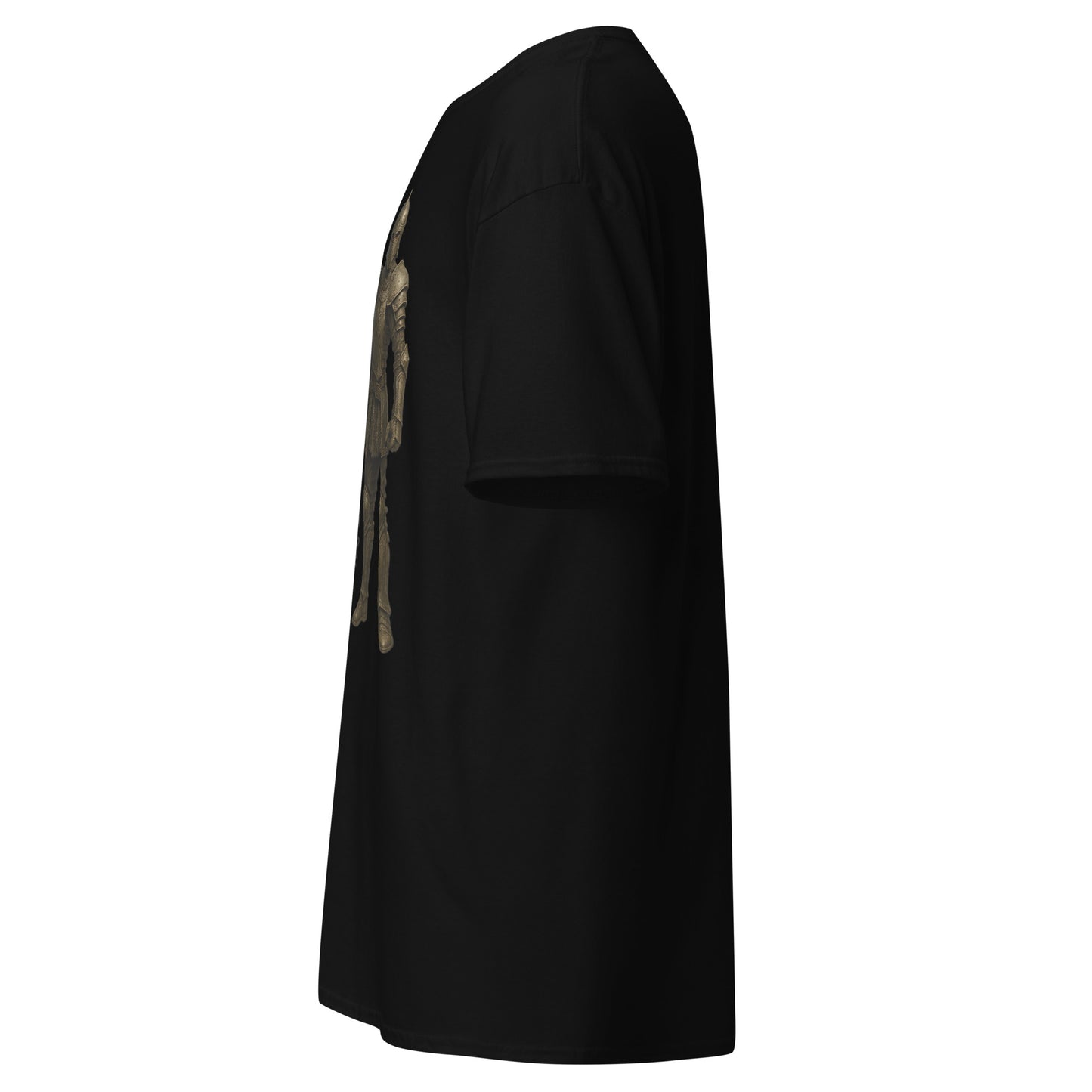 Left side view of the: Black Oblivion Guard Shirt – Stop Right There Quote highlighting side silhouette and fit