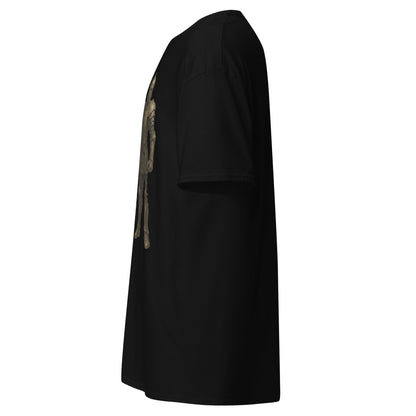 Left side view of the: Black Oblivion Guard Shirt – Stop Right There Quote highlighting side silhouette and fit