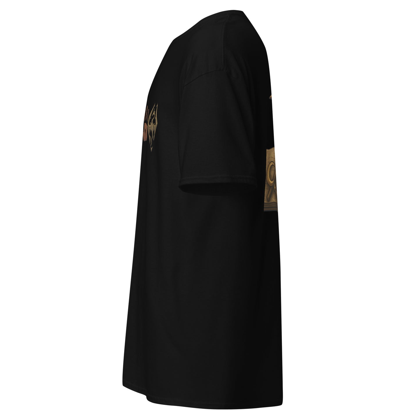 Left side view of the Black Oblivion Mages Guild Shirt – Arcane Emblem Design highlighting side silhouette and fit