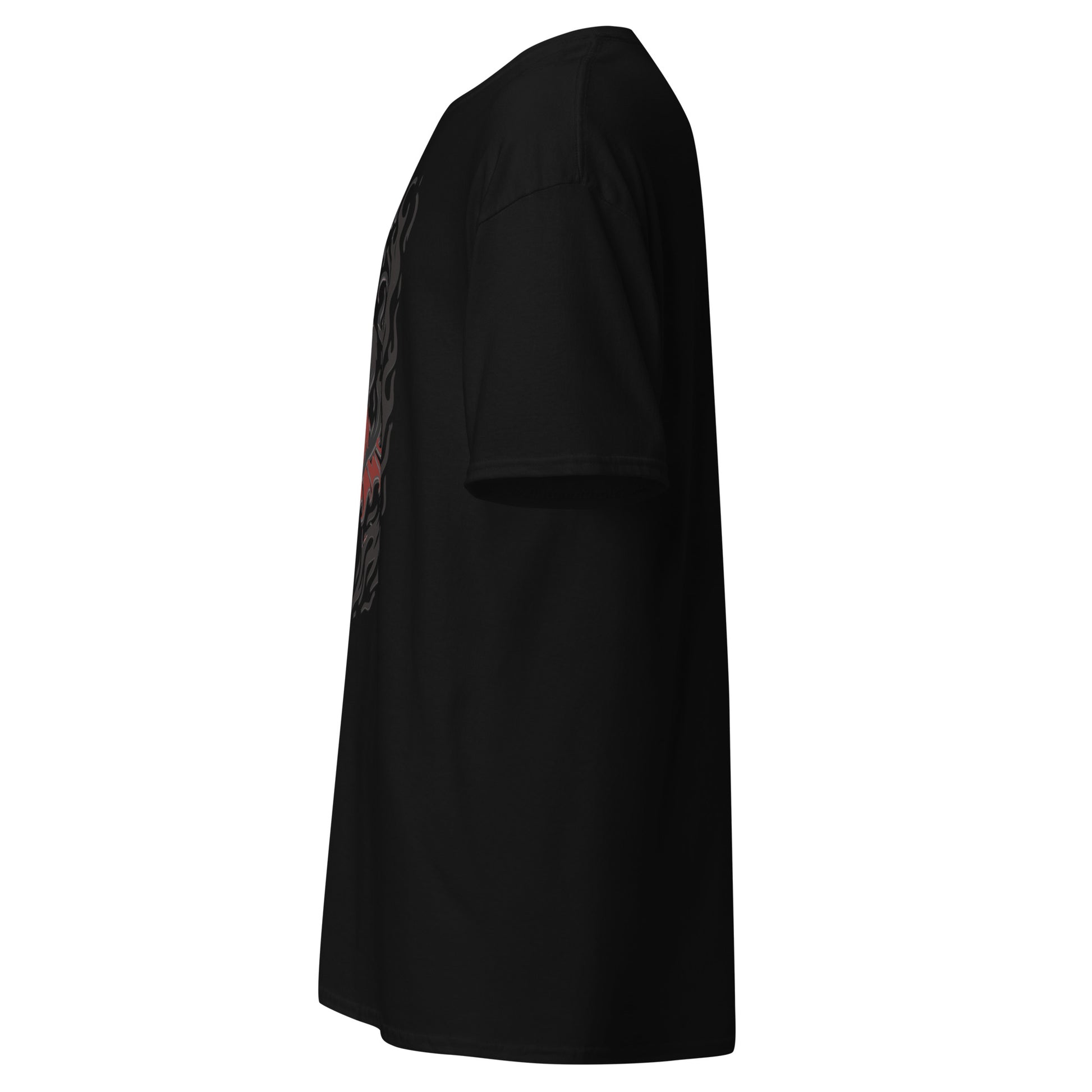 side view of black Silksong Hornet Dark Flame graphic t-shirt inspired by Hollow Knight Silksong.