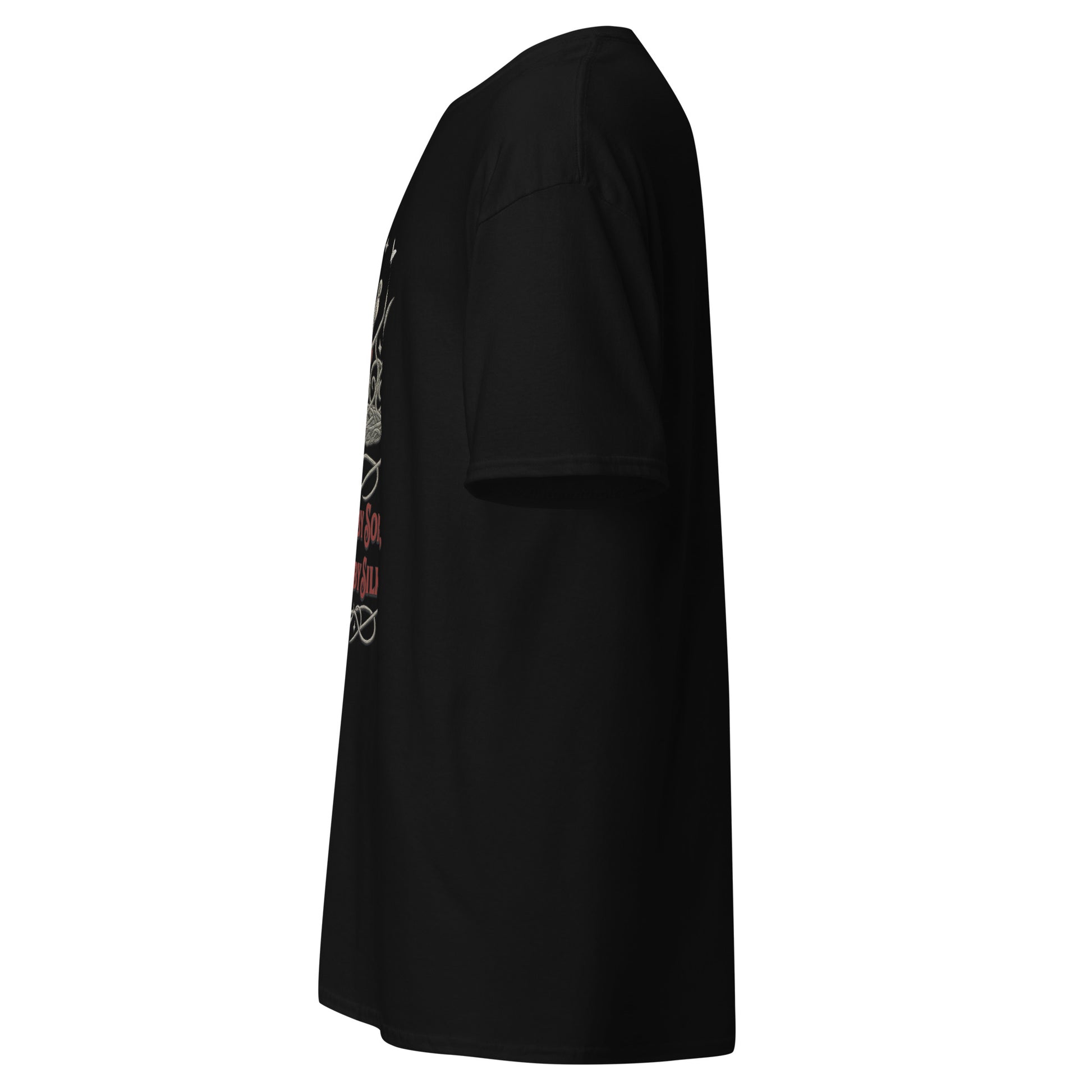 Side view of black Silksong Crowned by Song Woven in Silk graphic t-shirt inspired by Hollow Knight Silksong.