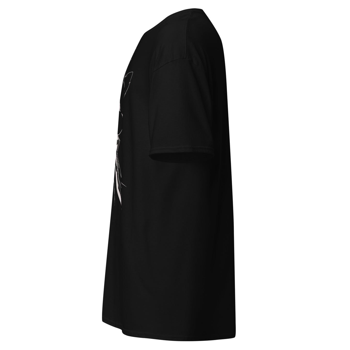 Left side view of the black Nine Sols Silent Resolve Taopunk Portrait T-Shirt with partial front portrait visible along the side