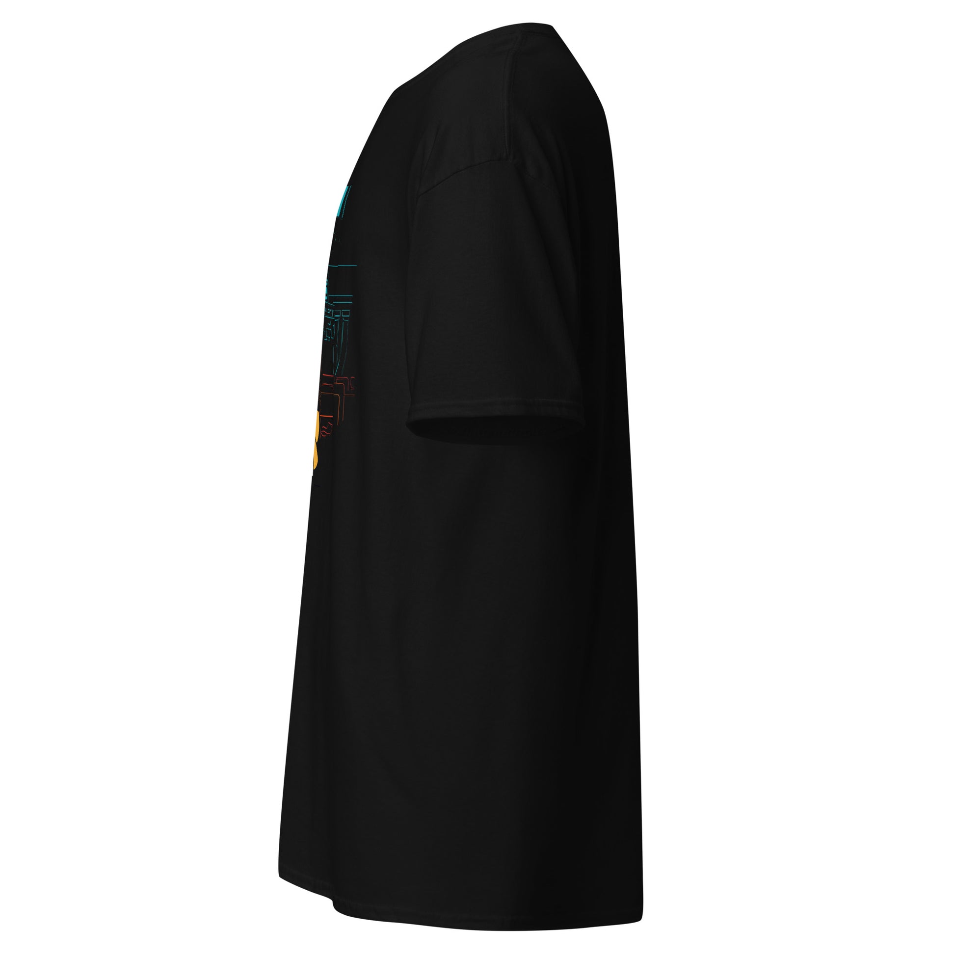 Left side view of the black Nine Sols Taopunk Tee Shrine of Silent Presence with partial front design visible along the side