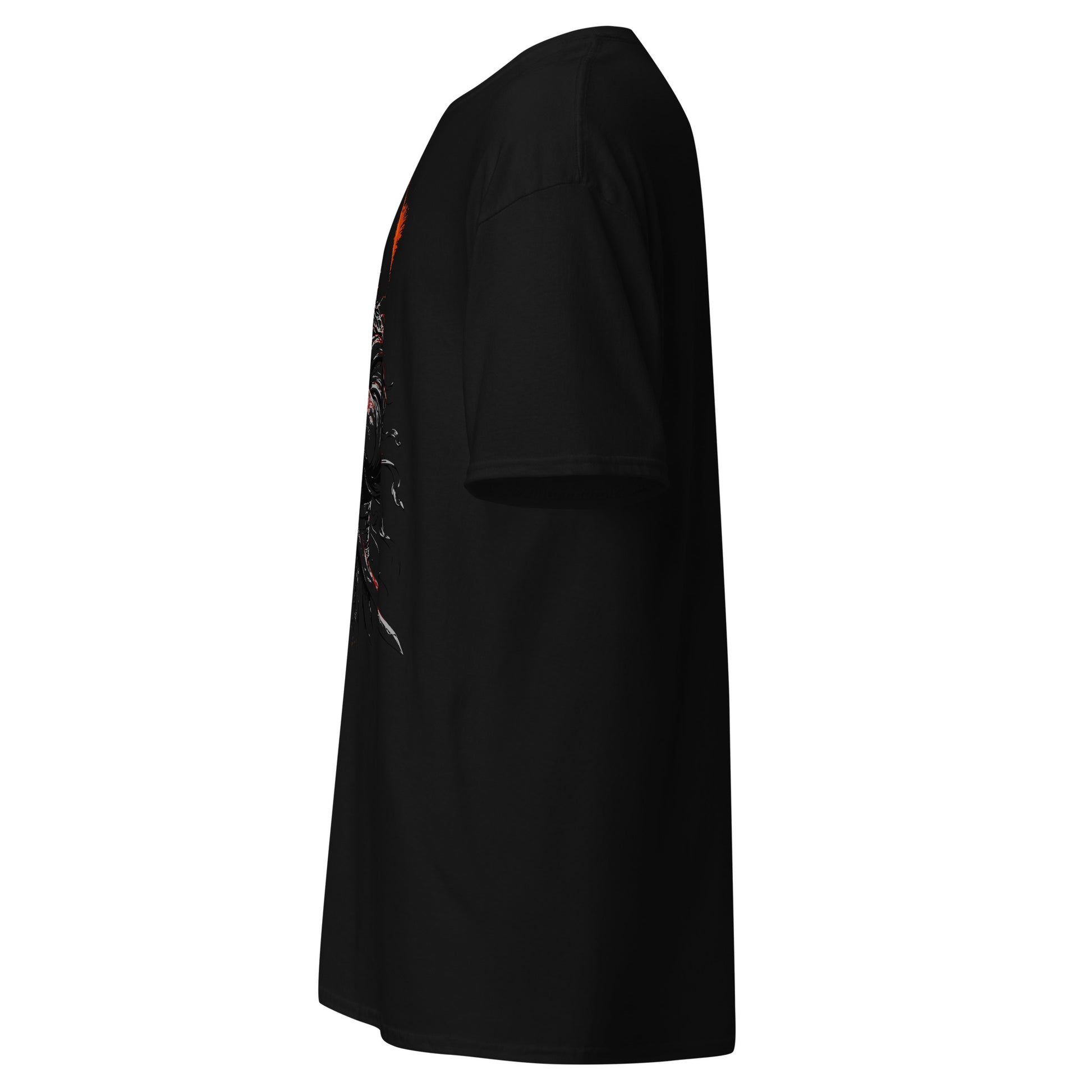 Left side view of The Blood of Dawnwalker Coen Sword T-Shirt highlighting black side seam and classic tee fit