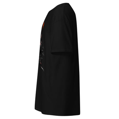 Left side view of The Blood of Dawnwalker Coen Sword T-Shirt highlighting black side seam and classic tee fit