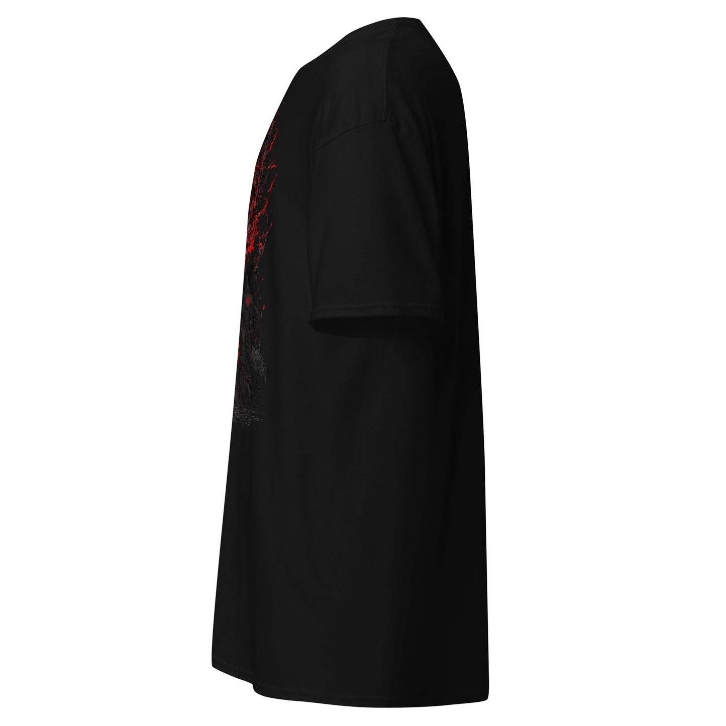 Right side view of The Blood of Dawnwalker Crimson Eclipse T-Shirt showing clean side silhouette and short sleeve structure