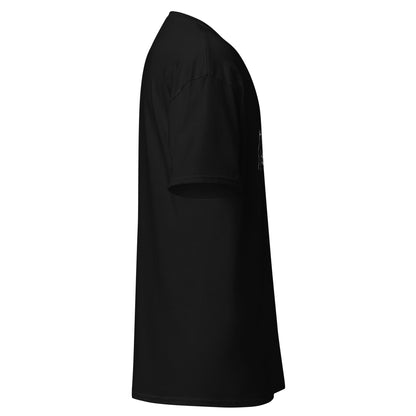Right side view of the Black Nine Sols Under the Golden Sol character tee showing sleeve shape and straight silhouette