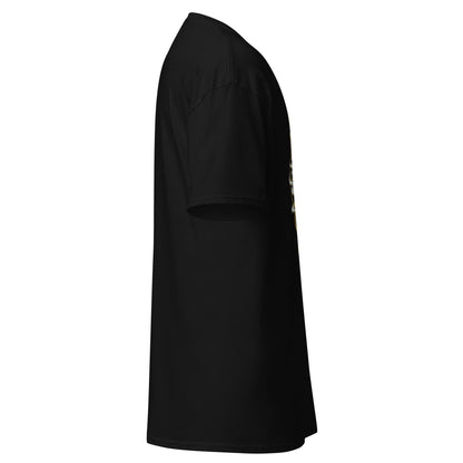 Right side view of the black Nine Sols Yin Yang Tee Balance Presence showing sleeve shape and straight silhouette