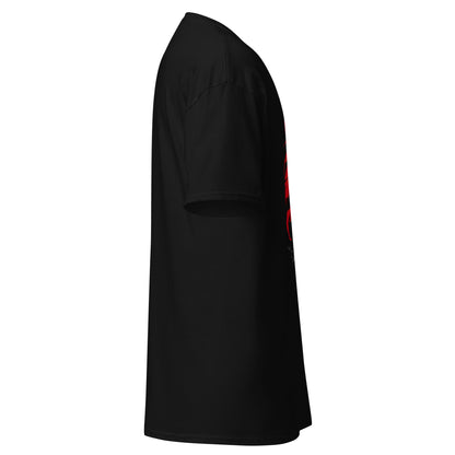 Side view of Black  Crowsworn Crimson Scythe T-shirt with partial red cape artwork visible near the front.