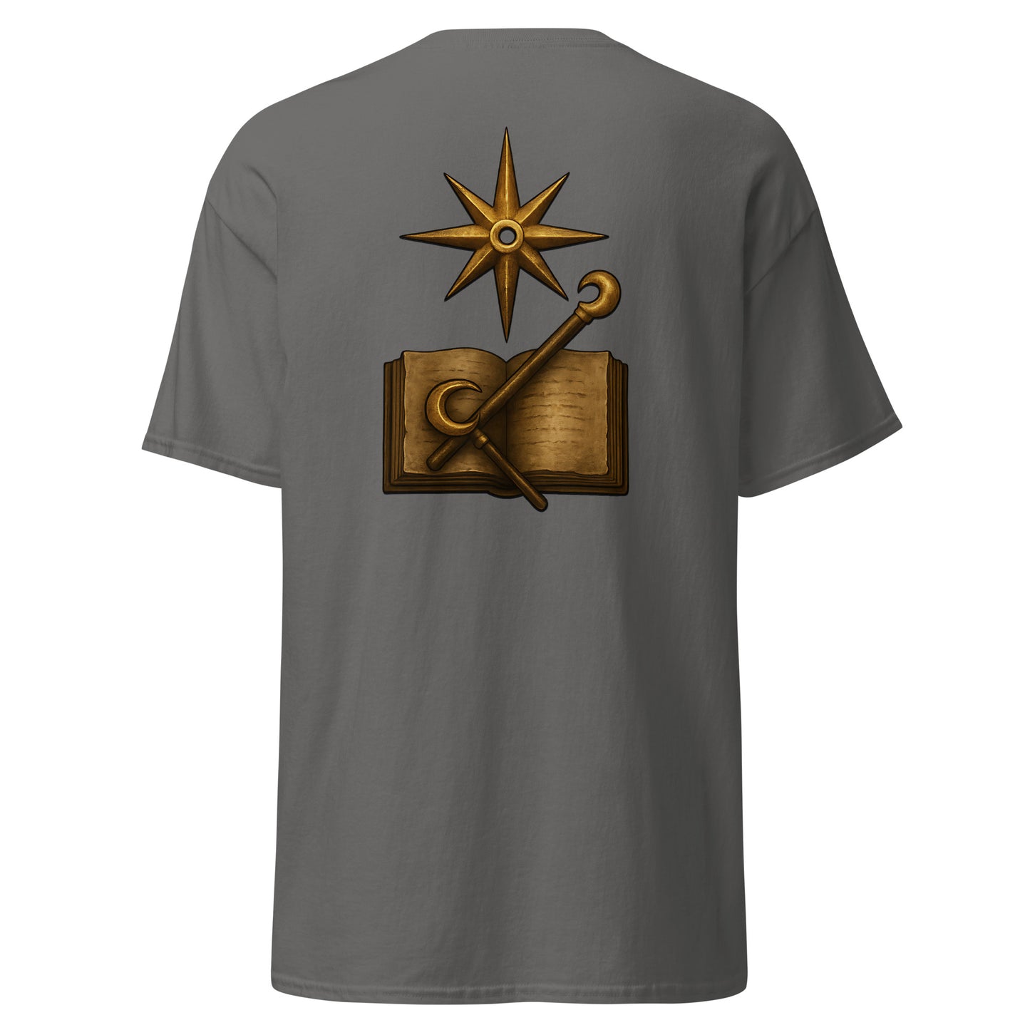 Back view of the Oblivion Mages Guild Shirt – Arcane Emblem Design with large Mages Guild emblem graphic