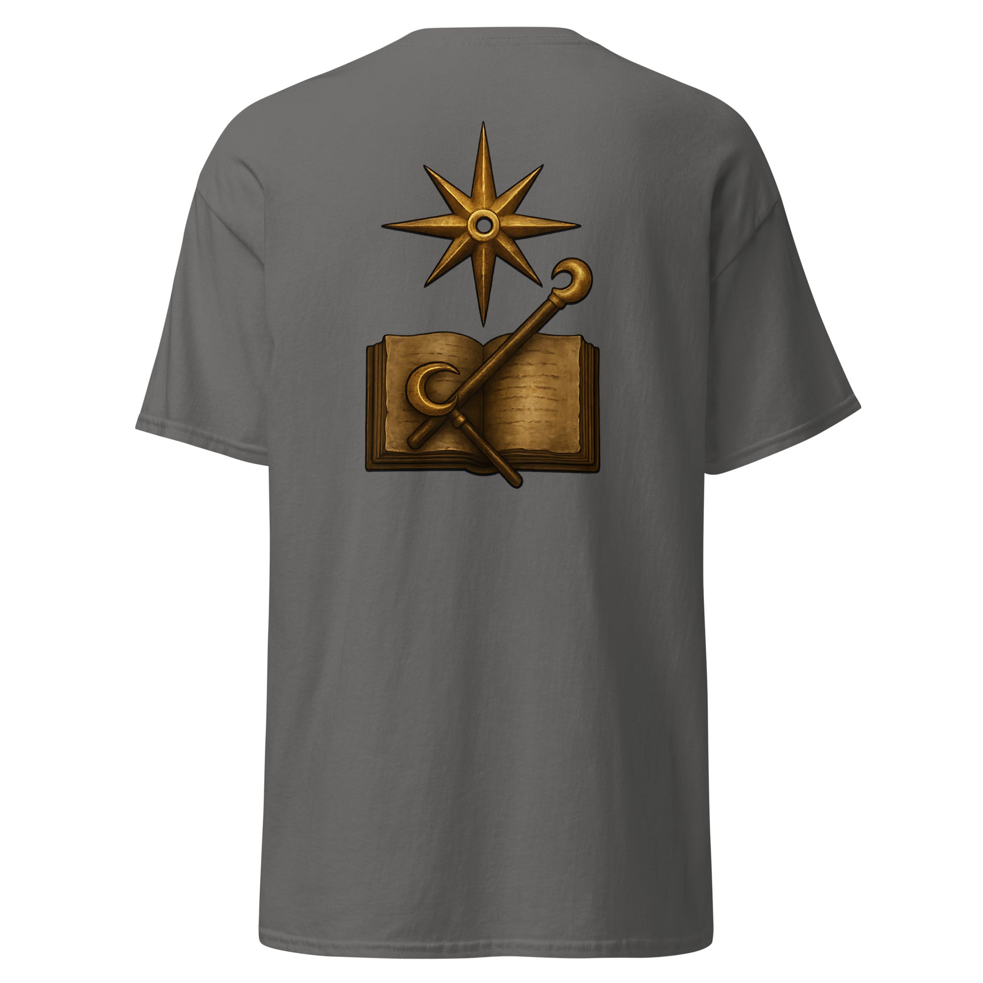 Back view of the Oblivion Mages Guild Shirt – Arcane Emblem Design with large Mages Guild emblem graphic