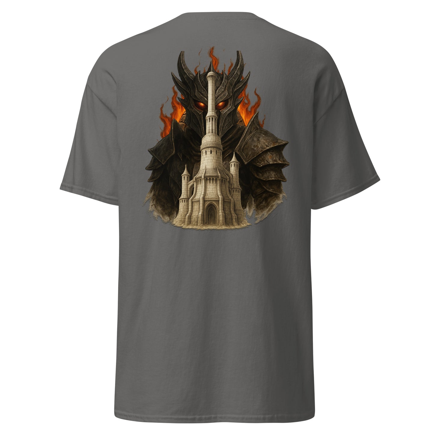 Back view of the Charcoal Oblivion Imperial City Shirt – White Gold Tower Design with clean back and no visible print