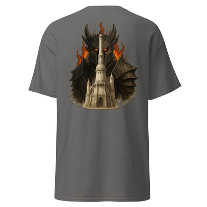 Back view of the Charcoal Oblivion Imperial City Shirt – White Gold Tower Design with clean back and no visible print