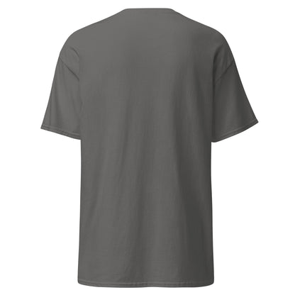 Back view of gray Crowsworn Crimson Scythe T-shirt with plain back and classic unisex fit.