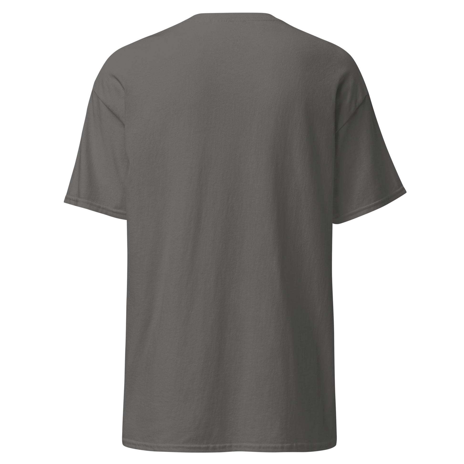 Back view of The Blood of Dawnwalker Coen Sword T-Shirt showing a plain charcoal back with collar and sleeves