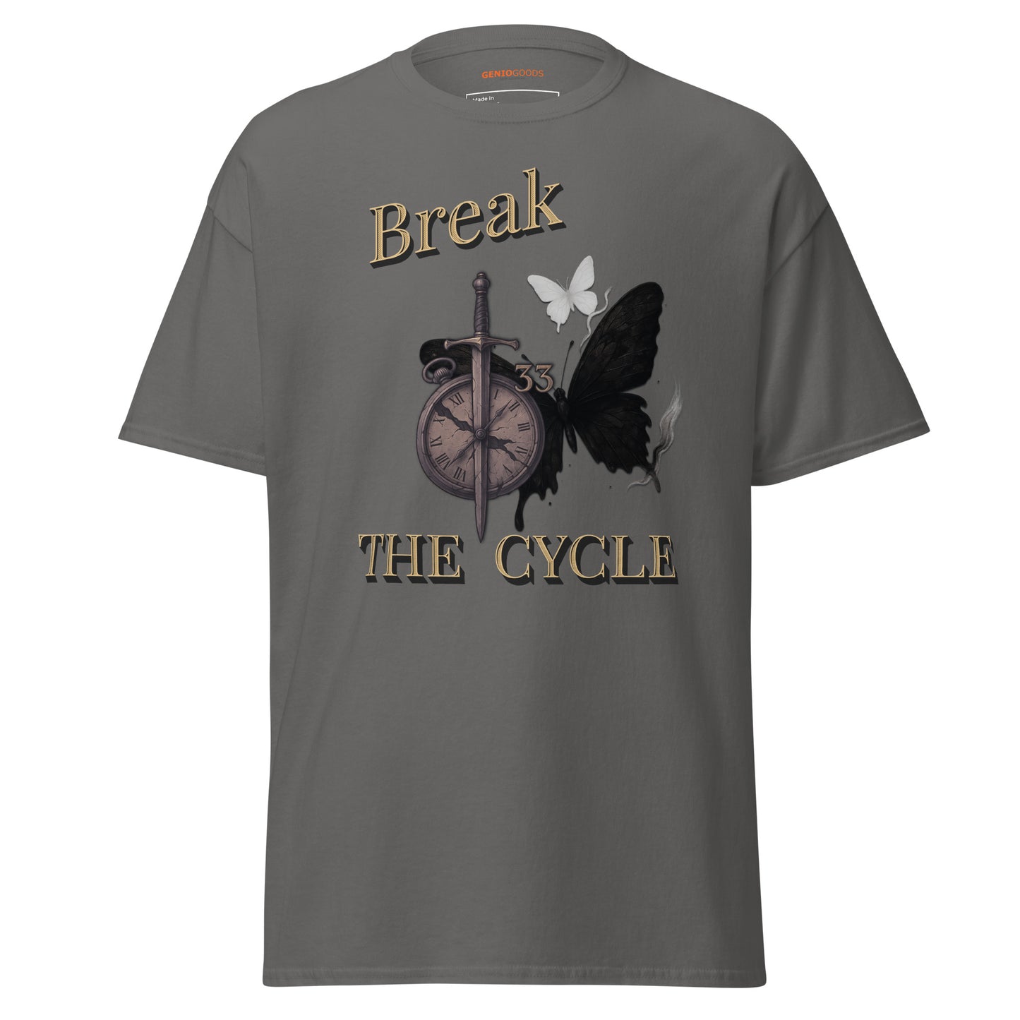 Gray Expedition 33 Break the Cycle graphic t-shirt inspired by Clair Obscur Expedition 33.