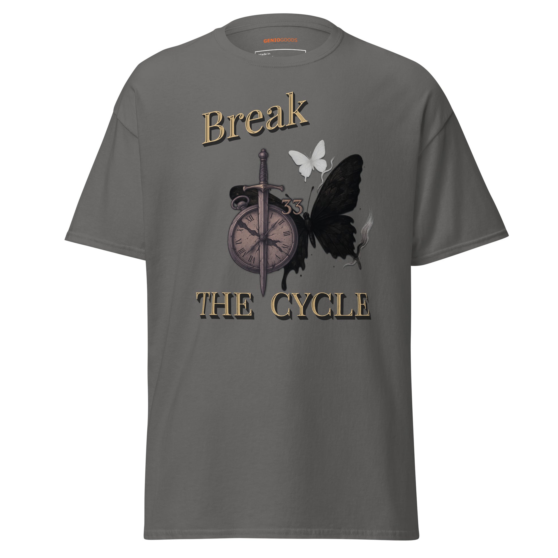 Gray Expedition 33 Break the Cycle graphic t-shirt inspired by Clair Obscur Expedition 33.