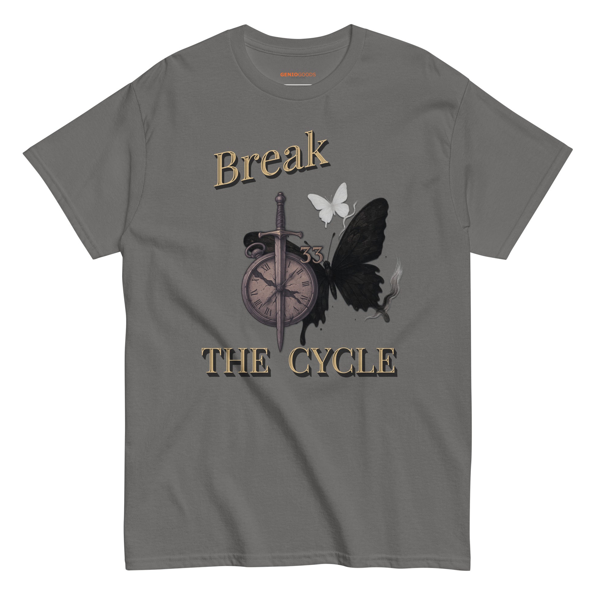Gray Expedition 33 Break the Cycle graphic t-shirt inspired by Clair Obscur Expedition 33.