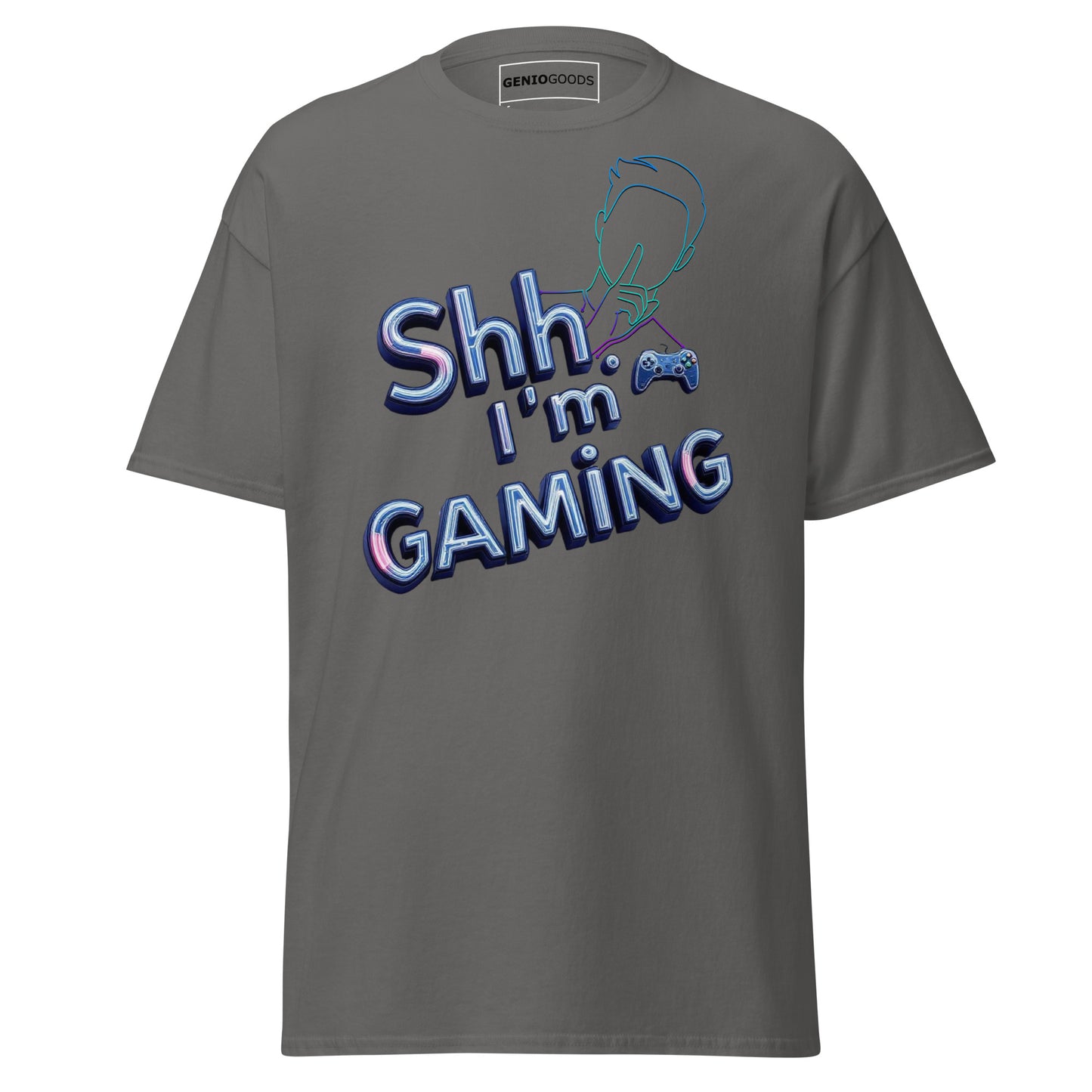 Shh I'm Gaming T-Shirt – Neon Funny Gamer Quote Design – original gamer merch by GenioGoods