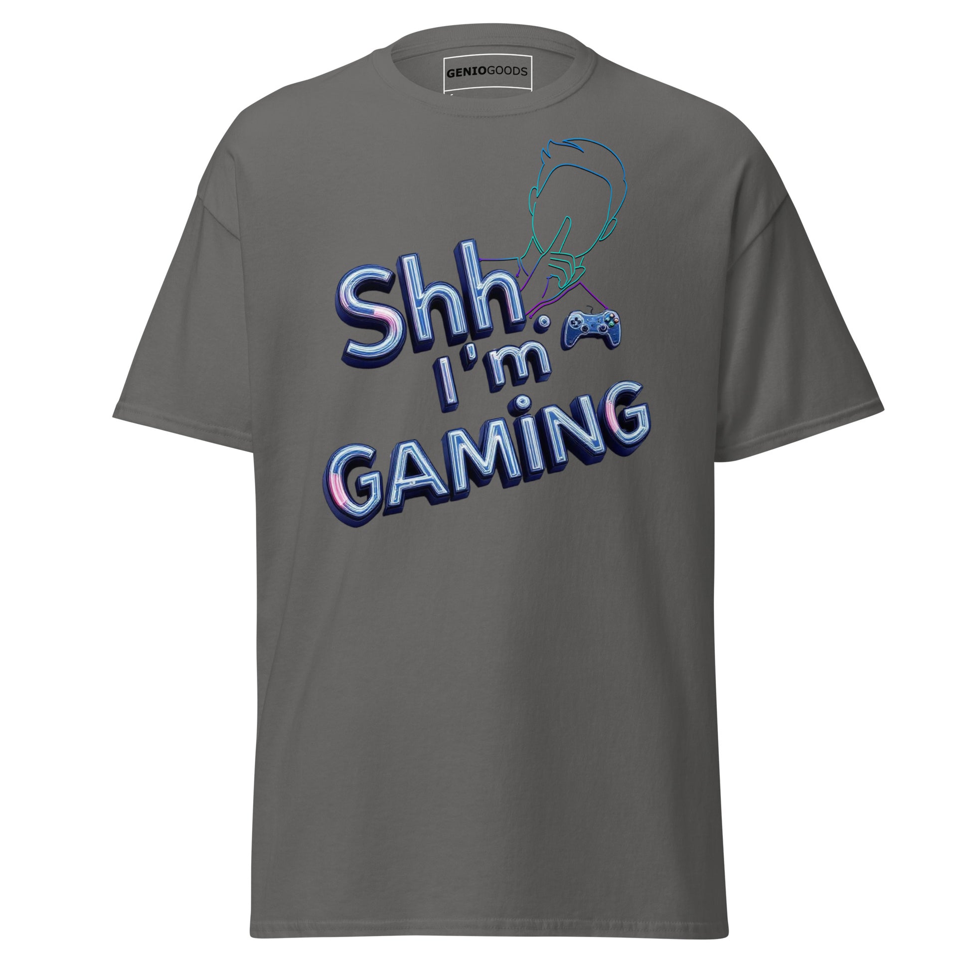 Shh I'm Gaming T-Shirt – Neon Funny Gamer Quote Design – original gamer merch by GenioGoods