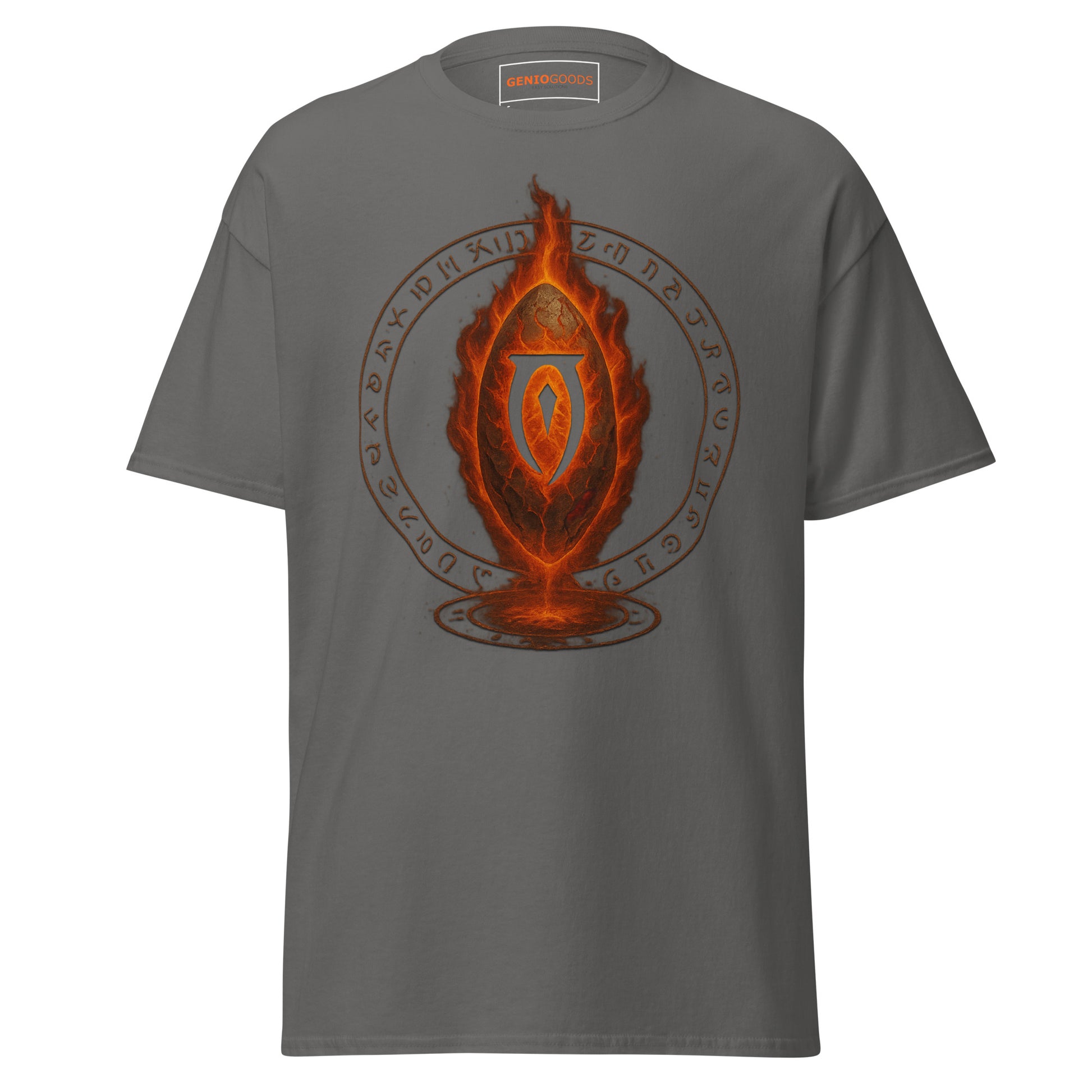 Front view of the Charcoal Oblivion Gate T Shirt – Fiery Portal Design with large fiery portal graphic on the chest