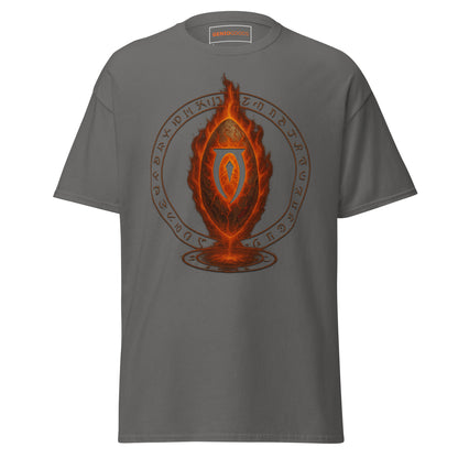 Front view of the Charcoal Oblivion Gate T Shirt – Fiery Portal Design with large fiery portal graphic on the chest