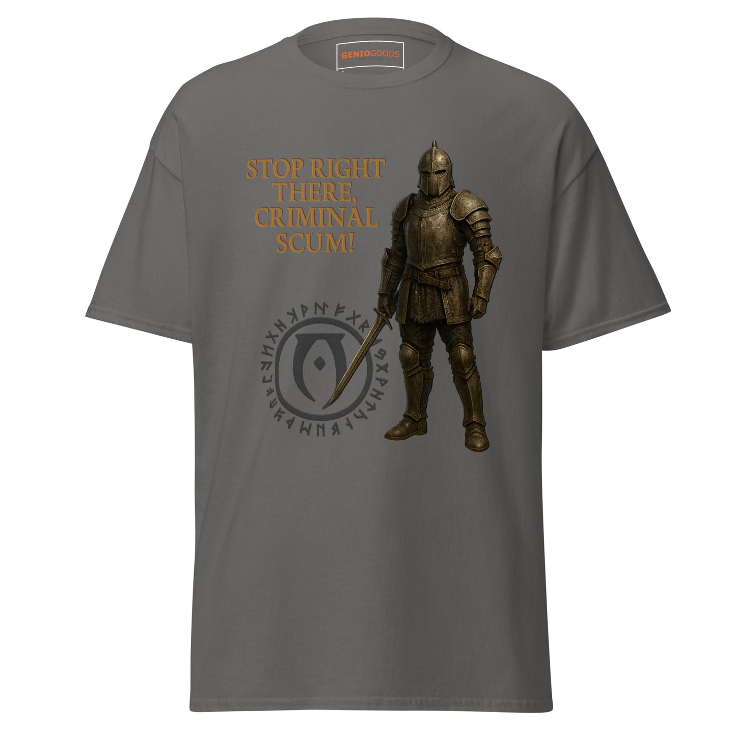 Front view of the Charcoal Oblivion Guard Shirt – Stop Right There Quote with guard artwork, quote text and crest graphic