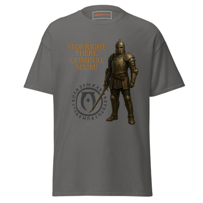 Front view of the Charcoal Oblivion Guard Shirt – Stop Right There Quote with guard artwork, quote text and crest graphic