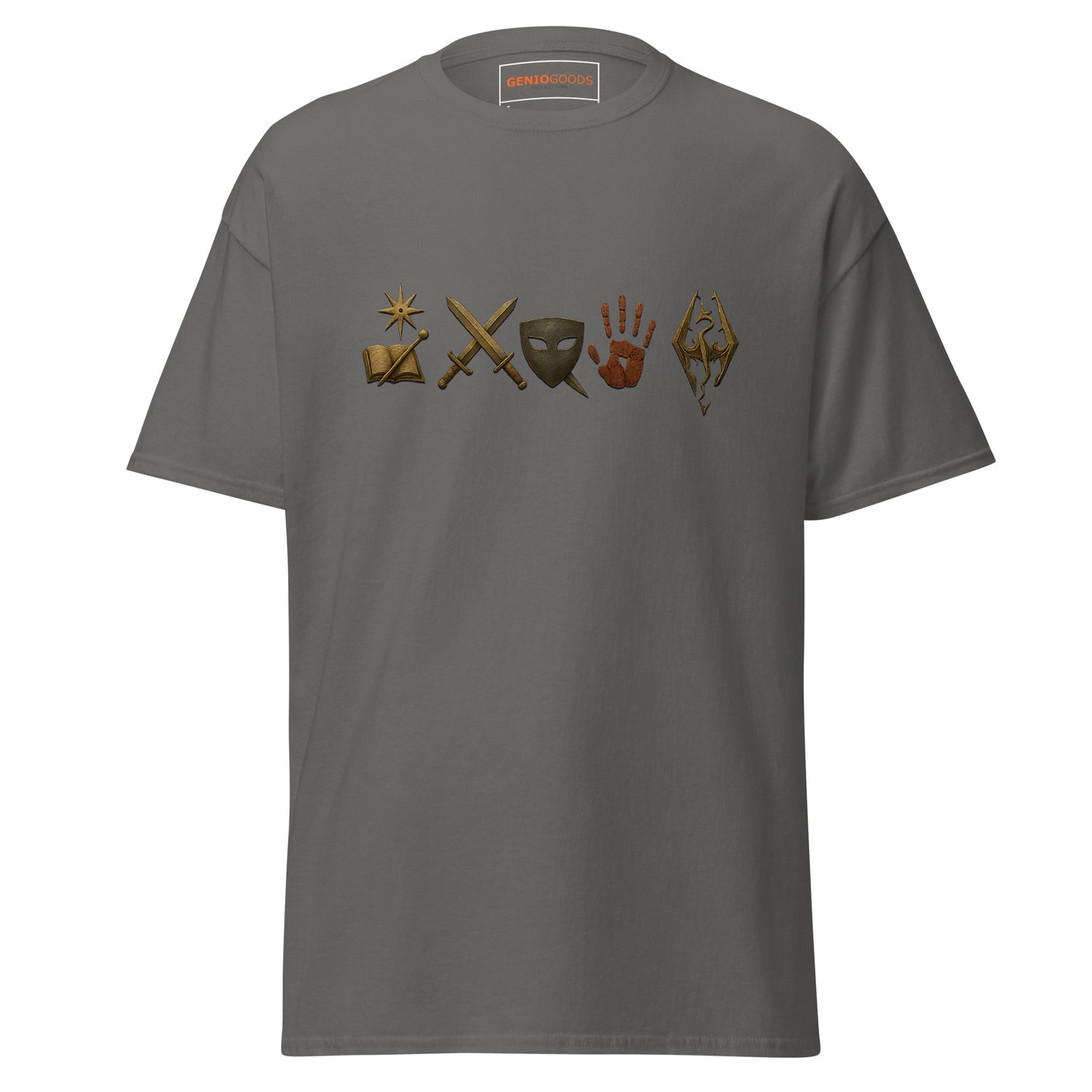 Front view of the Oblivion Mages Guild Shirt – Arcane Emblem Design with chest row of arcane symbols