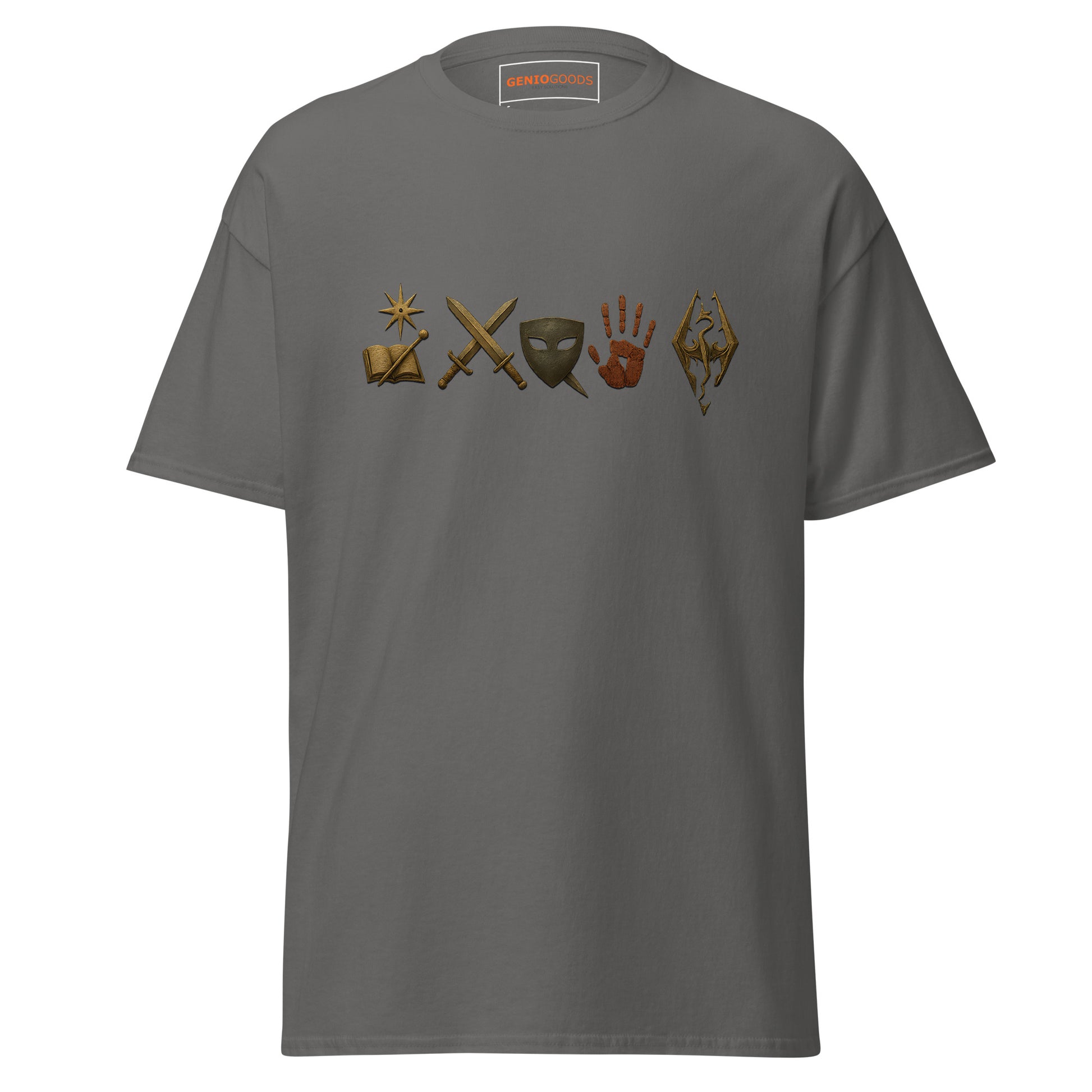 Front view of the Oblivion Mages Guild Shirt – Arcane Emblem Design with chest row of arcane symbols